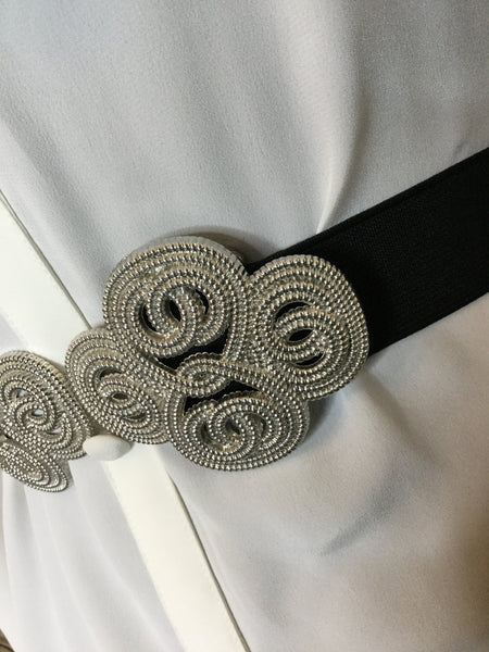 Vintage silver metal clover print black stretch belt Sz L