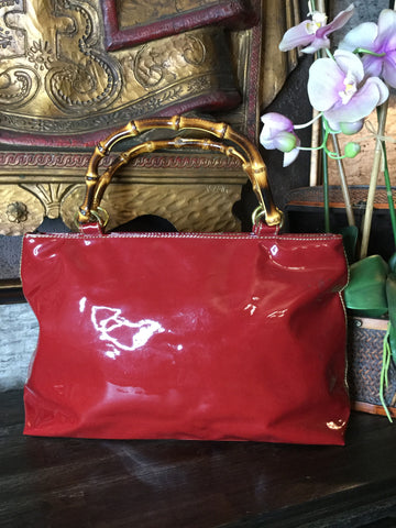 wine patent leather bamboo handles handbag