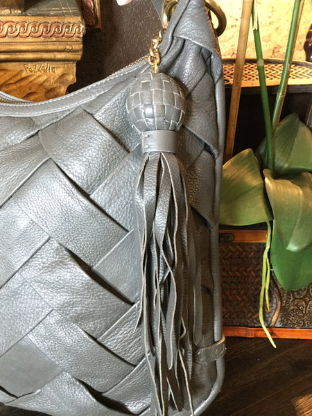 Gray woven leather handbag