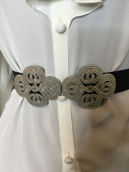 Vintage silver metal clover print black stretch belt Sz L
