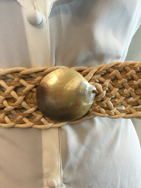 Vintage sea shell woven cream stretch belt Sz L