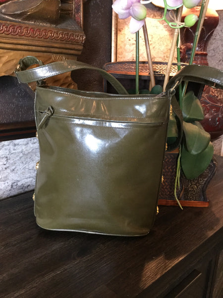 Vintage olive green leather gold stud handbag
