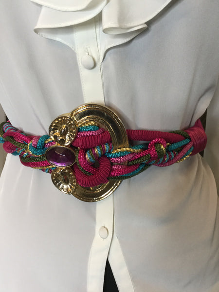 Vintage colorful cord gold metal center jewel belt Sz L