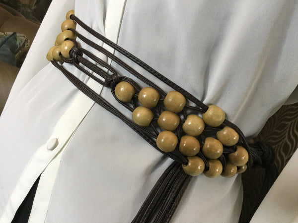 Vintage wooden bead leather strip belt Sz L