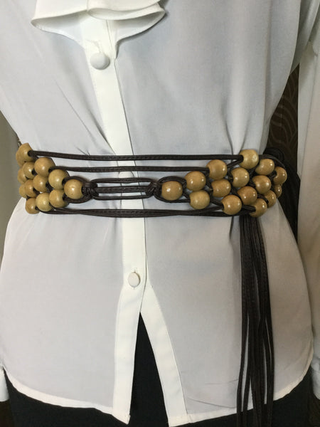 Vintage wooden bead leather strip belt Sz L