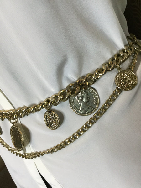 Vintage gold metal coin draped belt Sz L