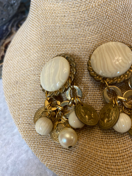 Vintage gold coin cream marble earrings