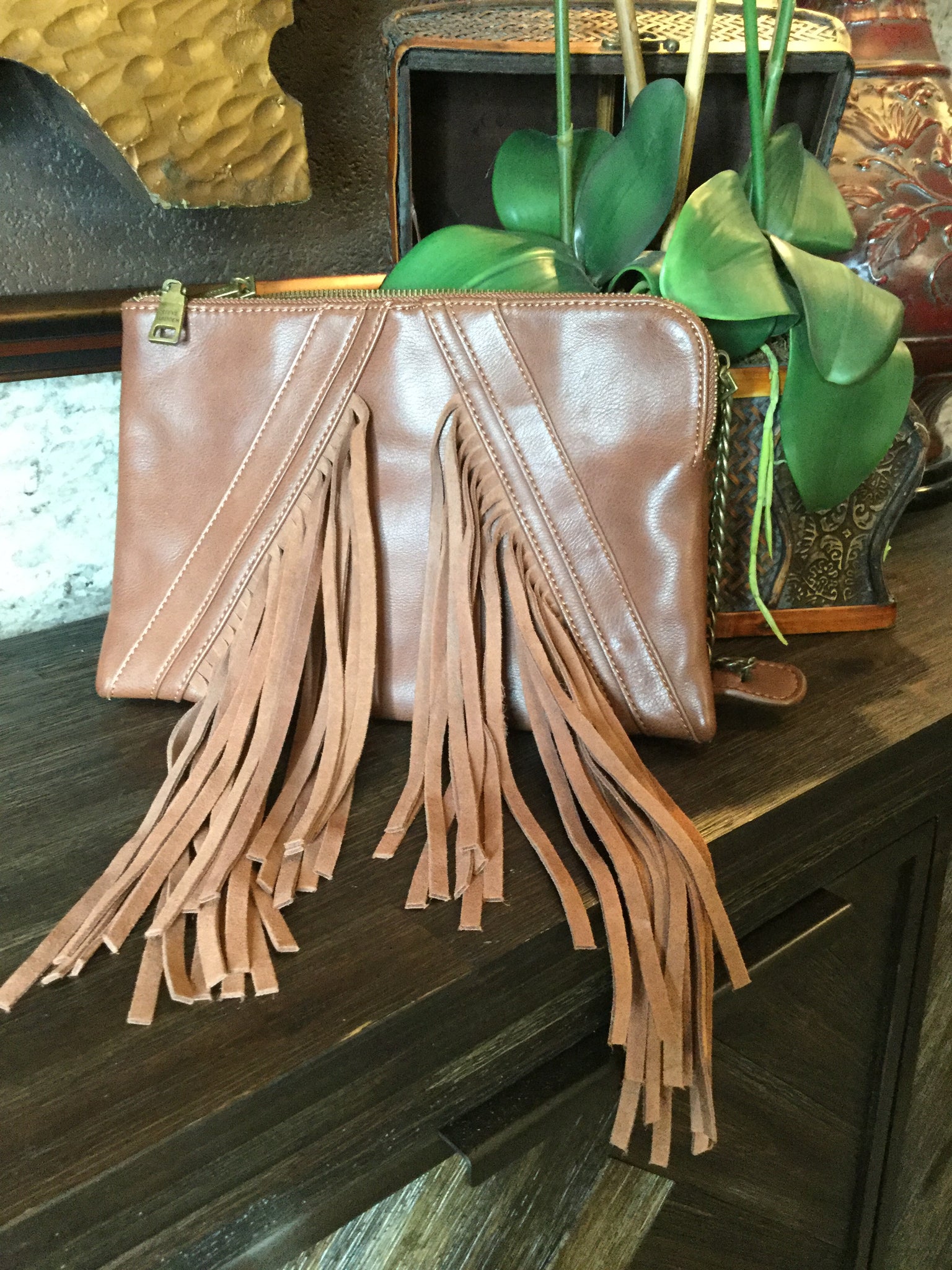 Brown leather trim handbag