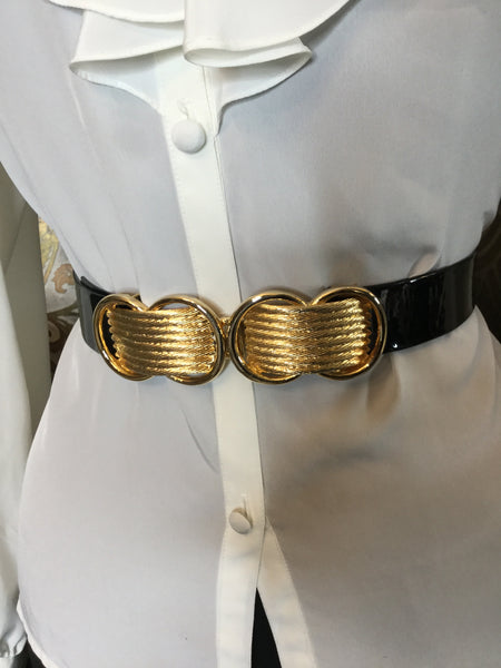 Vintage Gay Boyer black patent leather gold belt Sz S/M