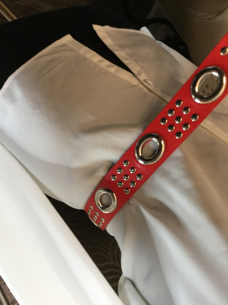 Vintage red leather metal cut out stud belt Sz XL
