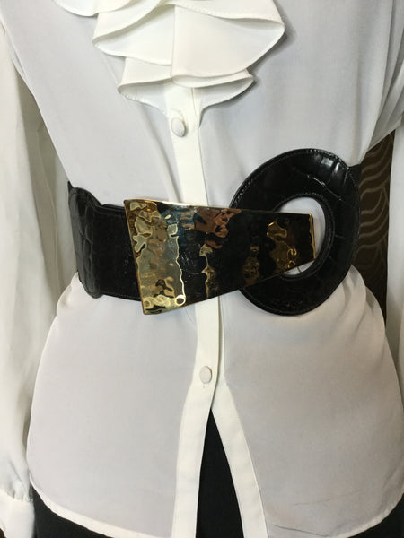 Vintage gold embossed black stretch belt Sz L