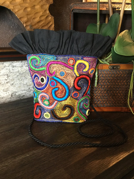 Vintage black embroidery colorful handbag