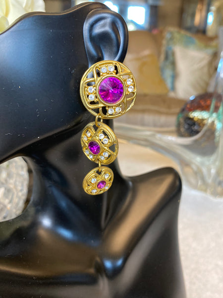 Vintage gold purple jewel triple circle earrings
