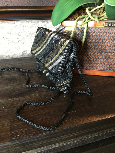Vintage stripe beaded black handbag