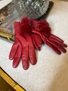 Vintage red leather rabbit pom pom balls gloves