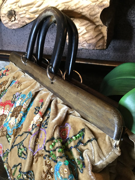 Vintage tan velvet multi beaded handbag