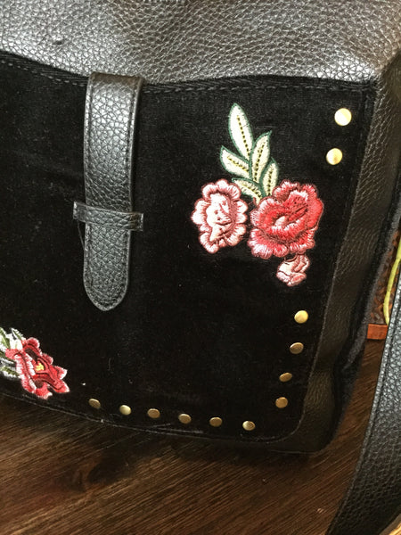 Black v leather velvet print handbag