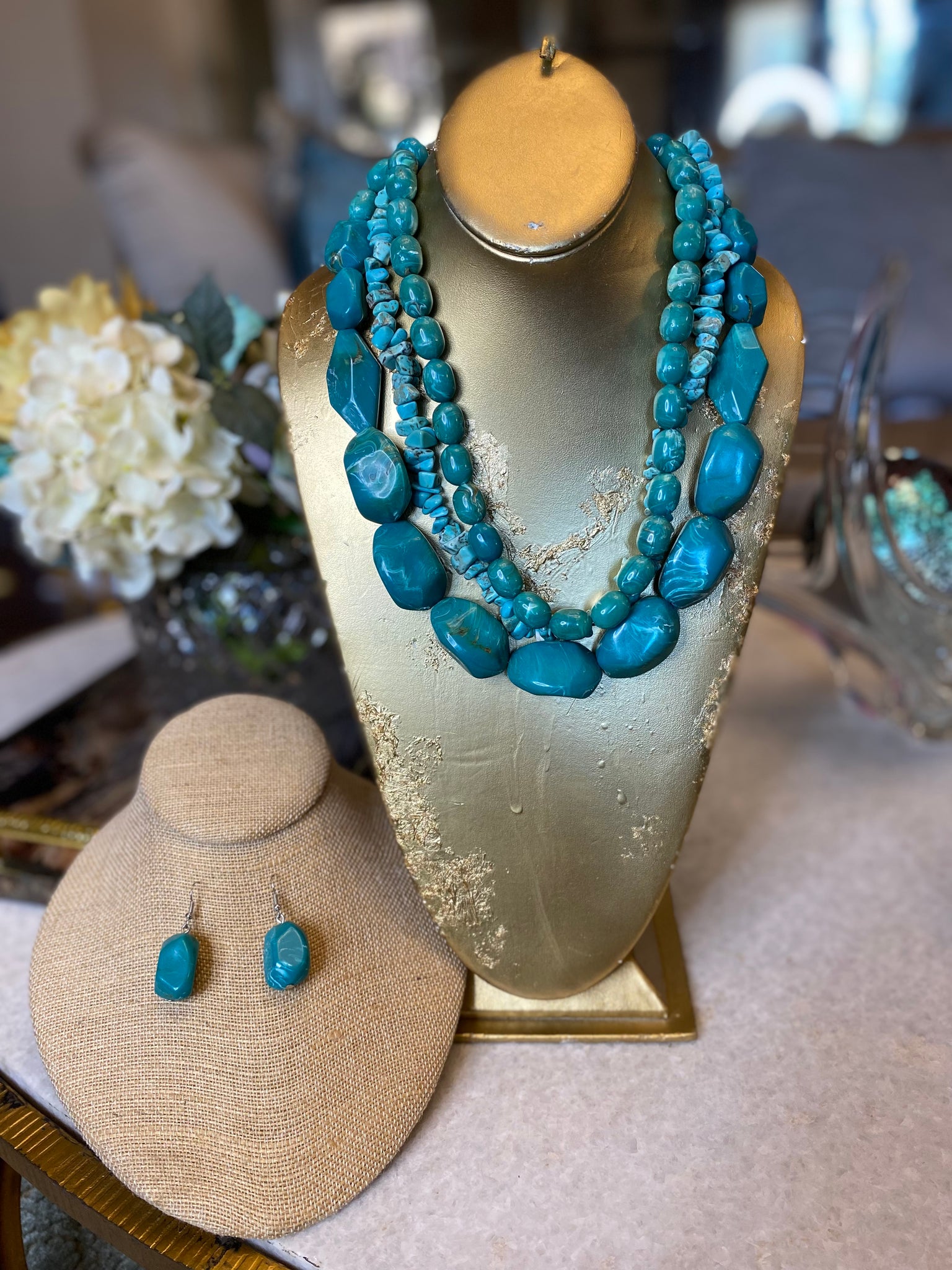 Turquoise triple strand rock earrings & necklace