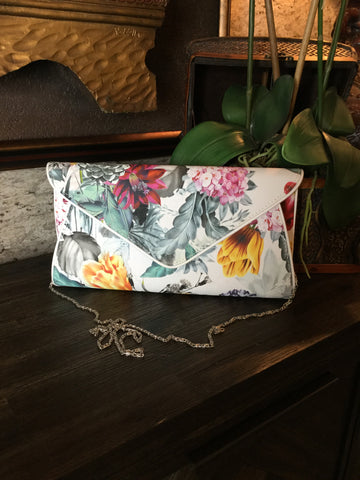 Floral white v leather canvas envelope handbag