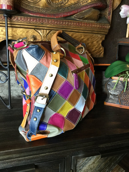 Diamond patchwork leather tote handbag