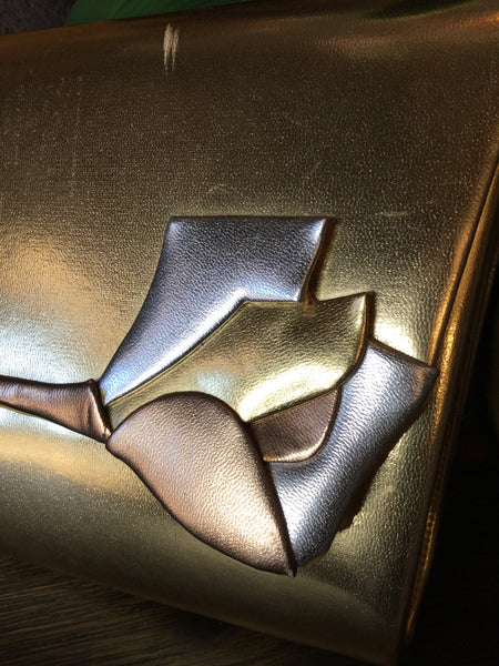 Gold metallic rose print handbag