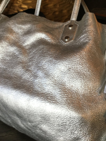 Silver metallic fringe tote handbag