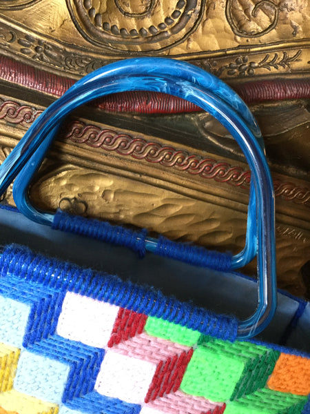 Vintage geometricacrylic handle  woven handbag