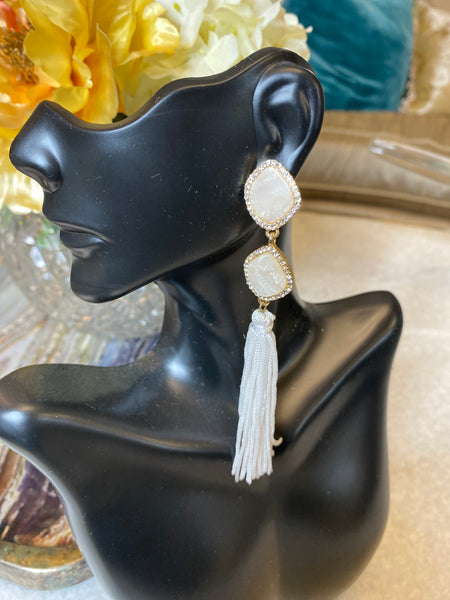 jewel two tier white tassel earrings