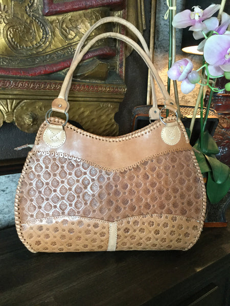 Tan floral embossed leather shoulder handbag
