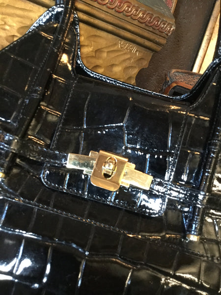 Italy black patent croc leather handbag