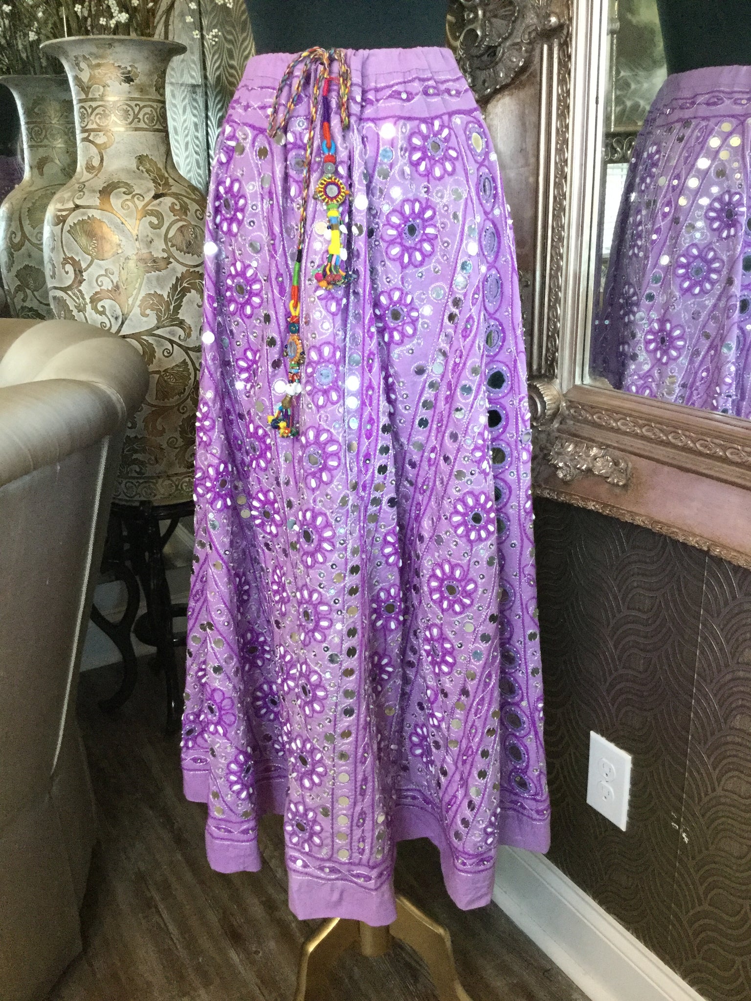 purple sequin beaded floral print skirt