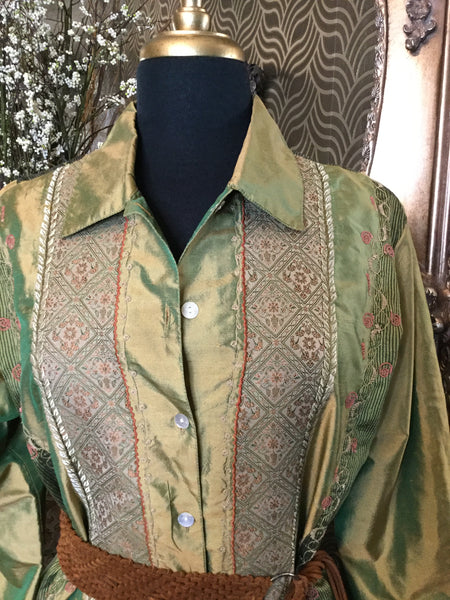 Vintage green multi print embroided top