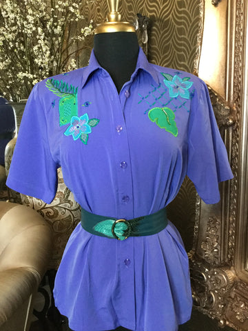 Vintage blue embroidered beaded top
