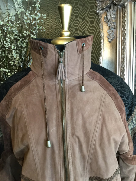 Vintage brown leather multi print bomber jacket