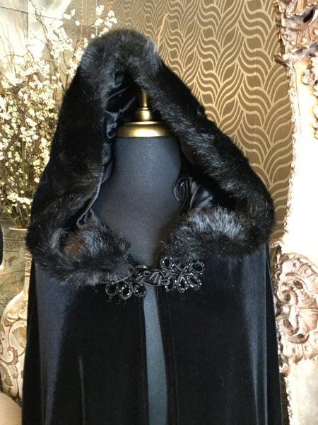 Vintage black fur hood cape jacket