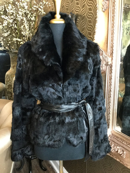 Vintage black rabbit fur leather belt jacket