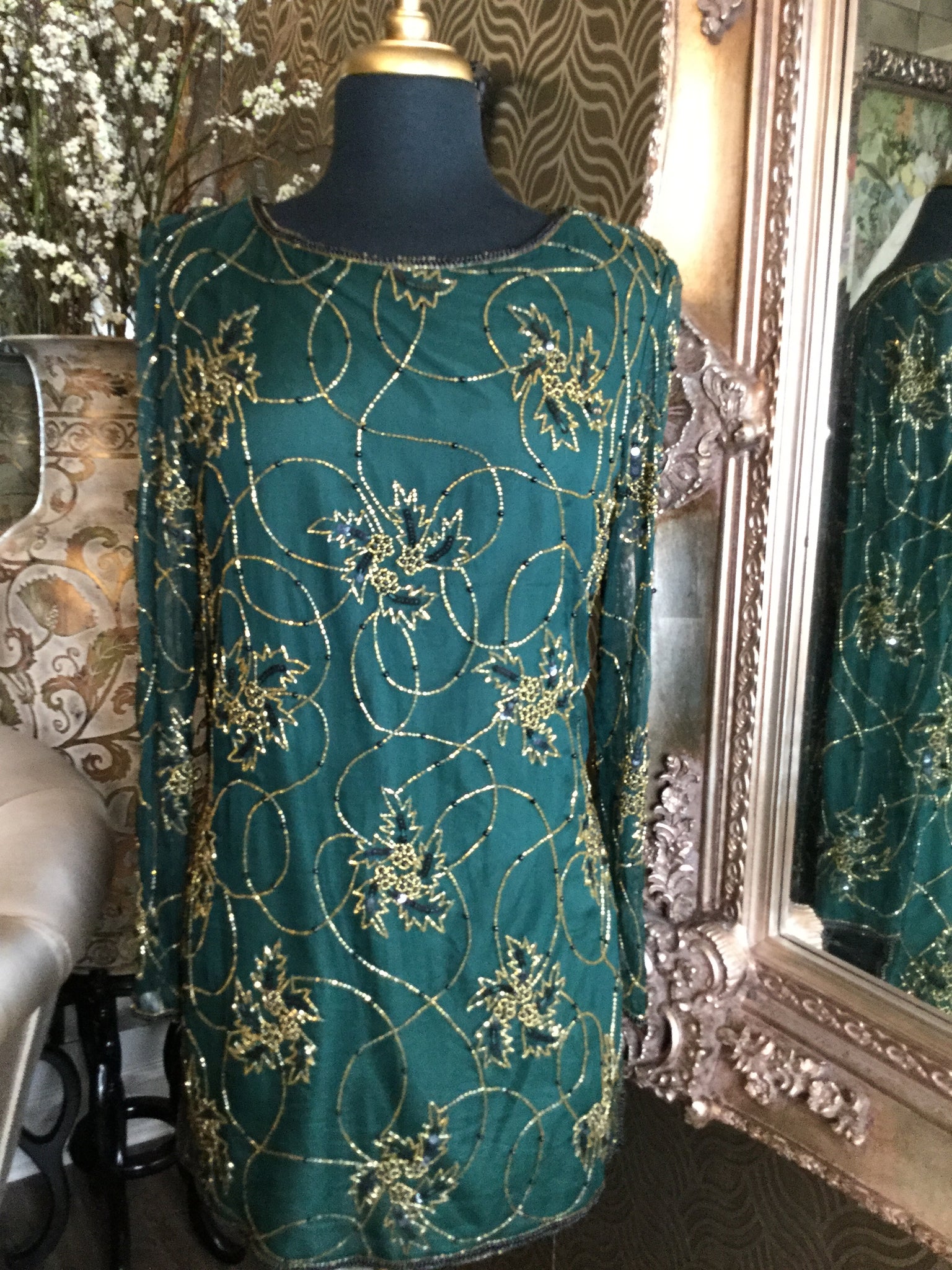 Vintage green gold beaded silk top