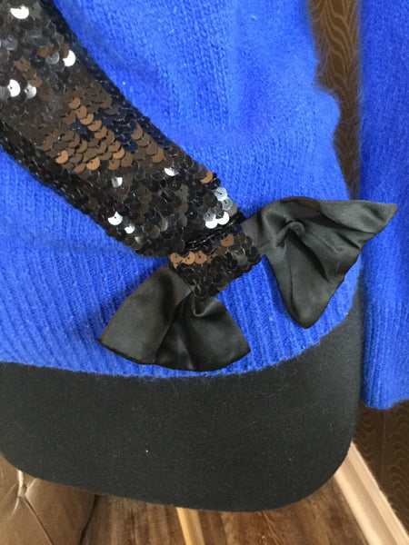 Vintage blue black sequin silk top