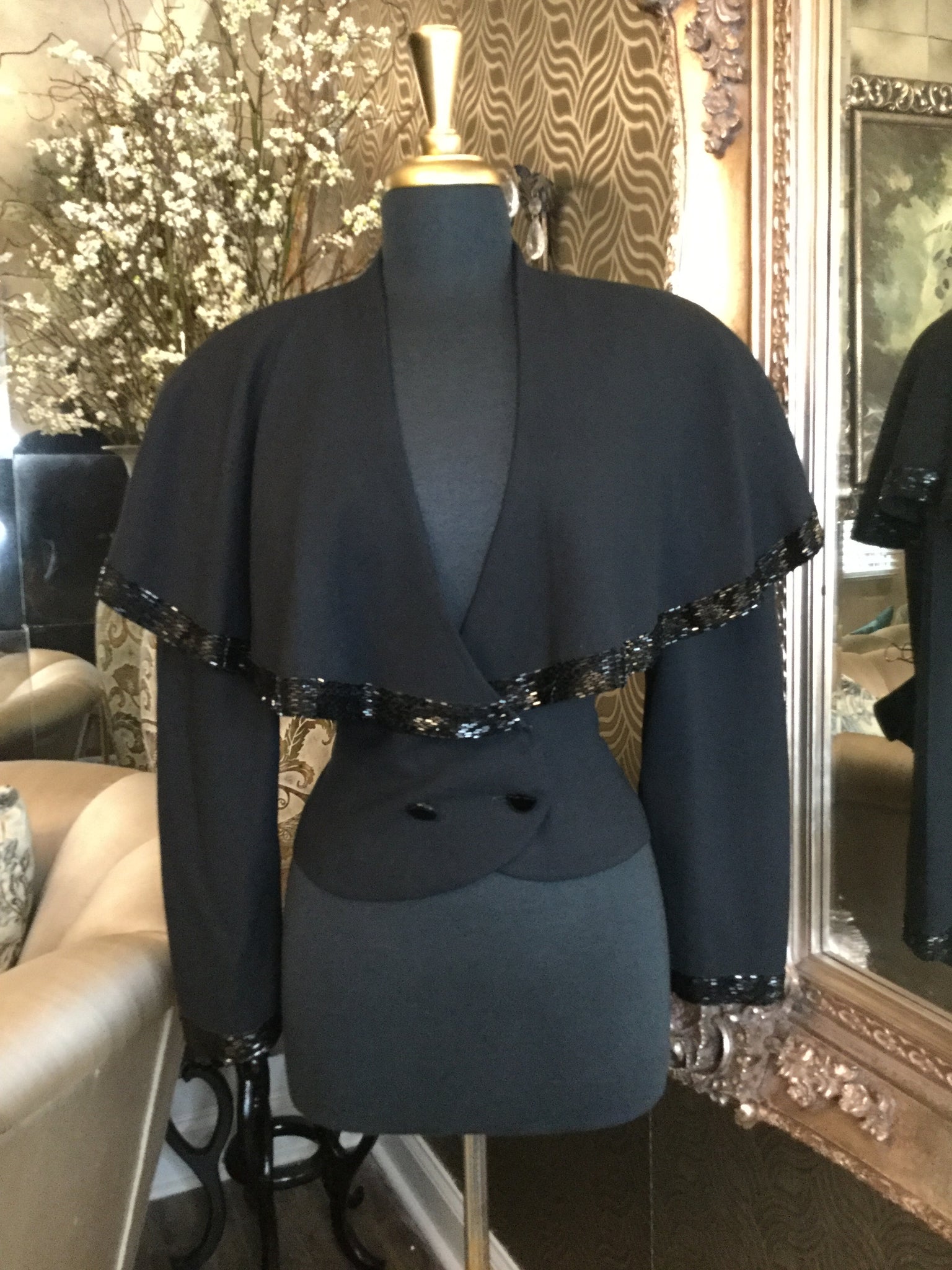 Vintage black beaded wide collar top