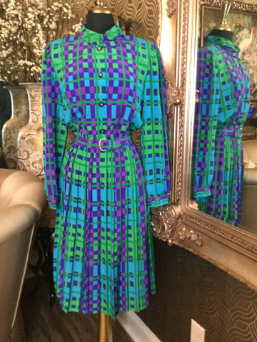 Vintage green purple square print belt dress