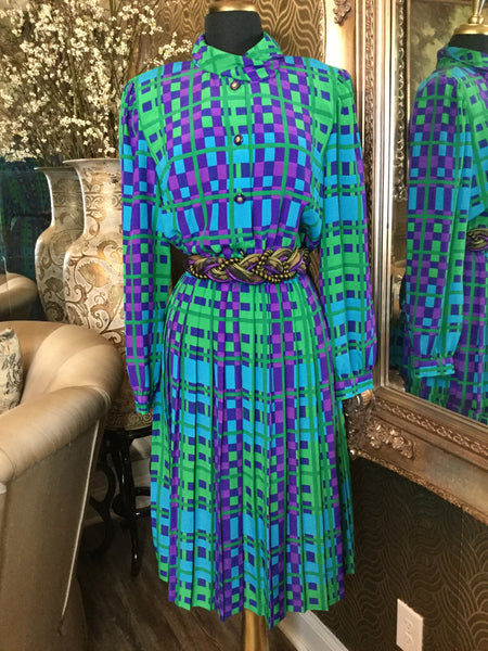 Vintage green purple square print belt dress