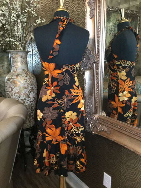 Vintage black brown floral halter dress