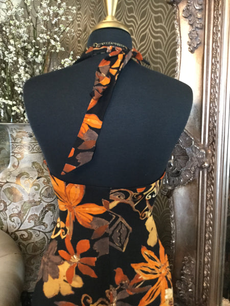 Vintage black brown floral halter dress