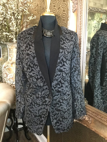 Black floral lace print single button jacket