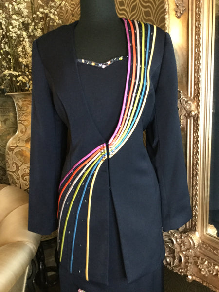 Vintage blue rainbow print trim jacket skirt