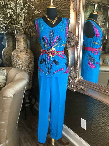 Vintage  silk teal sequin beaded top pants
