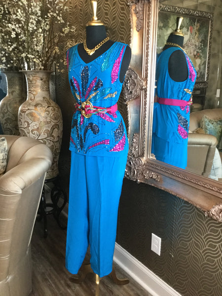 Vintage  silk teal sequin beaded top pants