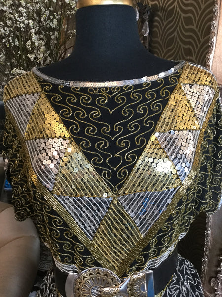 Vintage Beautiful silk black gold sequin top