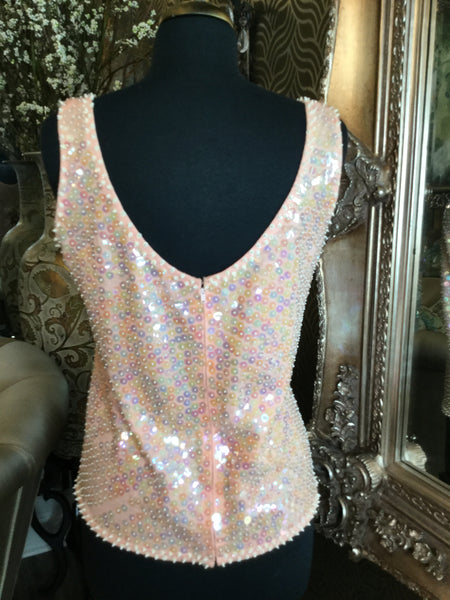Vintage Beautiful pink sequin knit beaded floral top