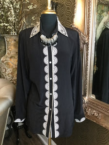Vintage black white embossed silk top